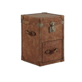 Bronte side table in rich brown leather with gold accents and drawer. A refined, functional piece that adds luxury and versatility to any modern space.